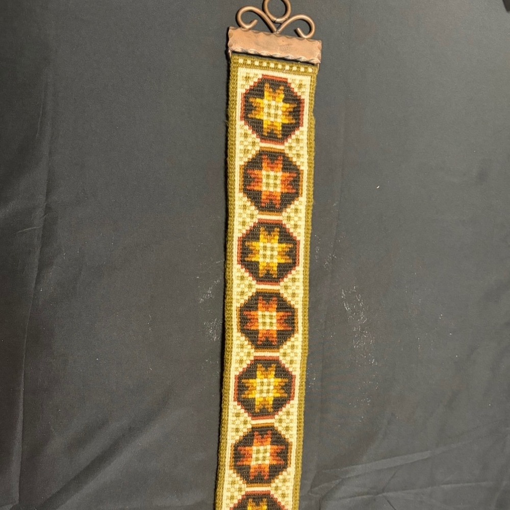 Vintage Needlepoint Bell Pull Geometric Wool Wall Hanging Metal Scroll Ends 22"